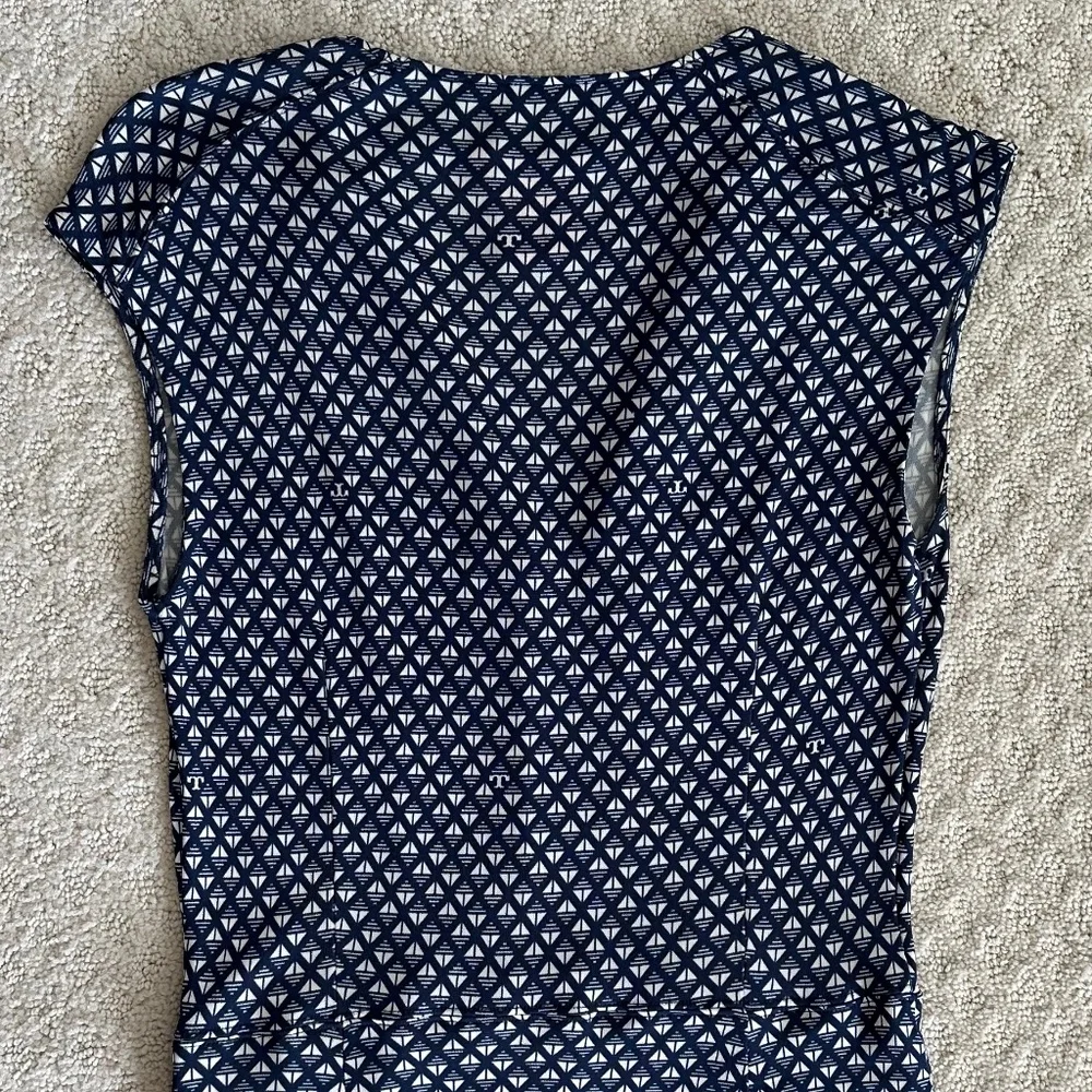 Tory Burch Geometric Print Cap Sleeve Midi Dress Navy/White S Designer Office